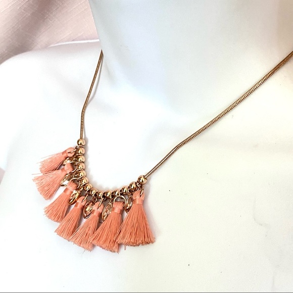 CHAPS Peach Cotton Tassels Necklace Goldtone Chain with Rhinestones - Picture 4 of 10